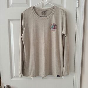 Patagonia Long Sleeve Tee in Light Beige with Pink/Green Logo